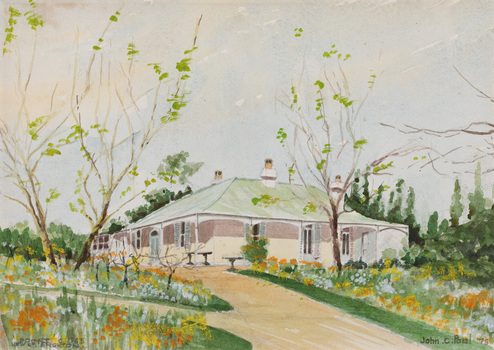 Watercolour of a single storey white house with green roof and wrap around verandah with a wide path that leads to it which is surrounded by grass and flowers in bloom 