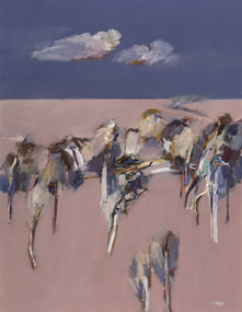 Abstracted landscape image with several tree-like forms on pale purple ground, blue sky with clouds above.