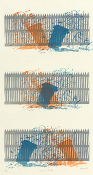 Coloured print on white paper of three similar scenes, one under the other, of a grey picket fence and two figures carrying wheelie bins