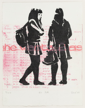 Print on white paper of black silhouettes of two girls talking with pink writing running horizontally across the paper. 