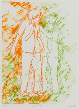 Print of silhouettes of two boys in orange and green with mottled pattern around on white paper.