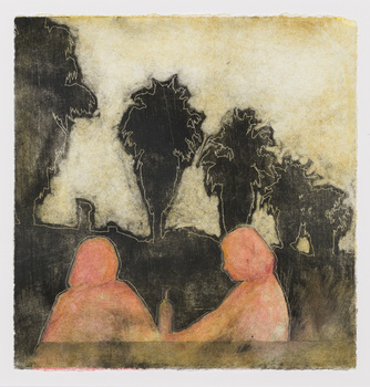 Illustration of a silhouette of two seated figures in red ink, behind them is the silhouette of a row of palm trees and building in black ink