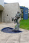 Outdoor sculpture of two children above a trunk, below them is a half circle filled with water. Behind the sculpture is the Bayside City Council office building with grass to the right