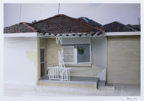 Photographic print of model of 1970s style brick house and porch