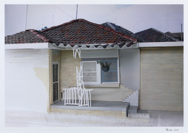 Photographic print of model of 1970s style brick house and porch