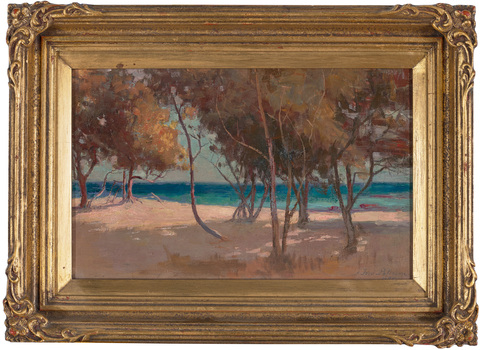 Painting of a beach scene with ti-trees in the foreground, housed in a decorative gold frame