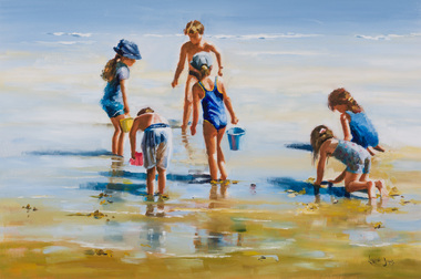 Painting depicting beach scene with six children on sand and in shallows at edge of water. 