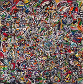 Colourful abstract painting of layers of geometric shapes and circular patterns. The layers of shapes suggest the possibility of them extending into the three-dimensional space.