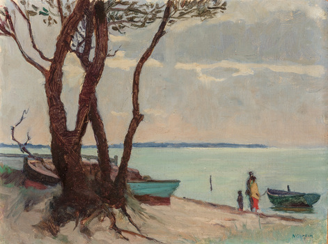 Painting of a beach scene featuring a large tree and dinghies on the sandy coast in the foreground on the left, with three figures on the shore on the right. In the distance the coastline juts out into the Bay.
