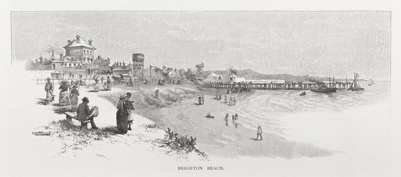 Black and white print of Brighton Beach showing people in 19th century clothing along the beach, a large hotel to the left, a water tower in the centre and a pier to the right