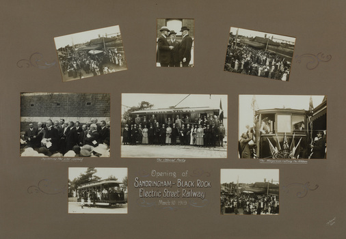 Compilation of 8 black and white photographs with a grey mount documenting the opening of the Sandringham to Black Rock Electric Street Railway