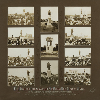 A compilation of 11 black and white photographs mounted on a brown card with white writing underneath. The photographs document the unveiling ceremony of the statue of Sir Thomas Bent and drinking fountain in memory of the Late Mrs Bent