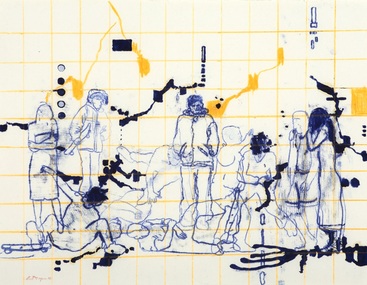 Painting on white paper of an outline of group of people in blue ink surrounded by orange lines and squares and blue dots and splotches
