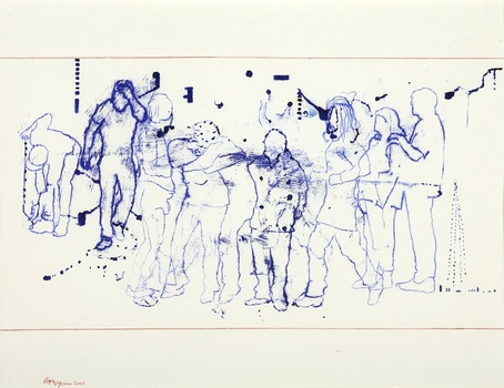 Artwork on white paper of an outline of group of people in blue ink surrounded by orange lines and squares and blue dots and splotches.