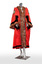 Photograph of a ceremonial robe on a silver mannequin. The robe is red with brown fur trim and black lines. It has a Coat of Arms embroidered on the shoulders.