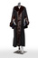 Photograph of full length black ceremonial mayoral robe with dark fur trim on a silver mannequin.