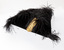 Photograph of a triangular shaped black velvet ceremonial hat with black ostrich feathers and gold coloured braid.
