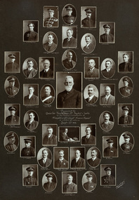 A compilation of 42 rectangular and oval sepia portrait photographs of men, some in uniform. Photographs are on a dark grey mount with inscriptions under each photograph.
