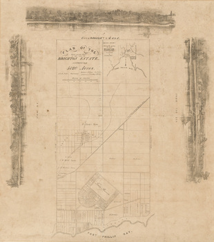 Printed plan in black ink on cream paper of the Brghton Estate, containing grids of streets. There are three landscape illustrations on the top, left and right edges