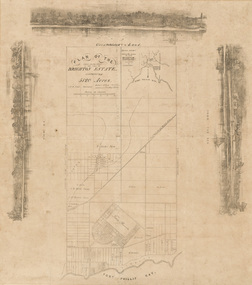 Printed plan in black ink on cream paper of the Brghton Estate, containing grids of streets. There are three landscape illustrations on the top, left and right edges