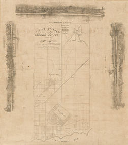 Printed plan in black ink on cream paper of the Brghton Estate, containing grids of streets. There are three landscape illustrations on the top, left and right edges