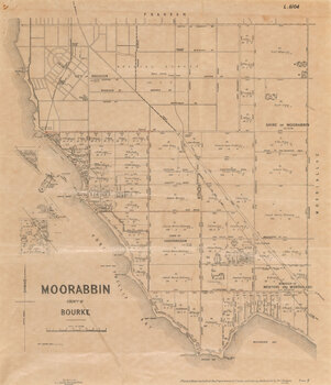 Map of the parish of Moorabbin in black ink on cream paper, showing roads and the subdivision of land
