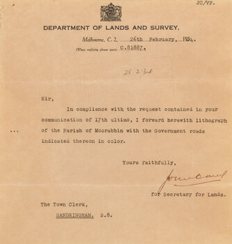 Typed letter to Town Clerk of Sandringham from the Secretary for Department of Lands and Survey notifying of dispatch of lithograph of the parish of Moorabbin.
