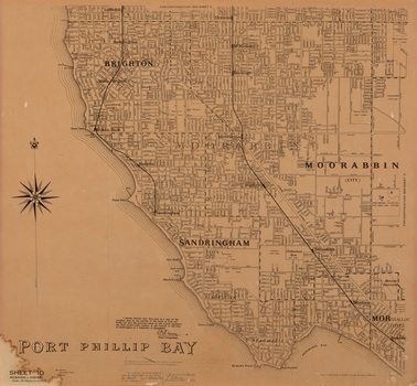 Map in black ink on cream discoloured paper showing Port Phillip Bay to the left and the coastal municipalities of Sandringham and Brighton, through to Moorabbin