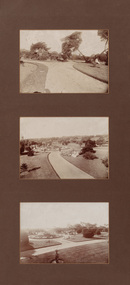 A compilation of three sepia-toned photographs in a single mount. The photographs are taken of different views of a formal garden with winding paths and vegetation, the centre photograph contains people.