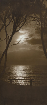 Sepia photograph of a sun setting behind clouds over the water. A bench seat is by the water in between two leaning ti-trees.