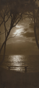 Sepia photograph of a sun setting behind clouds over the water. A bench seat is by the water in between two leaning ti-trees.