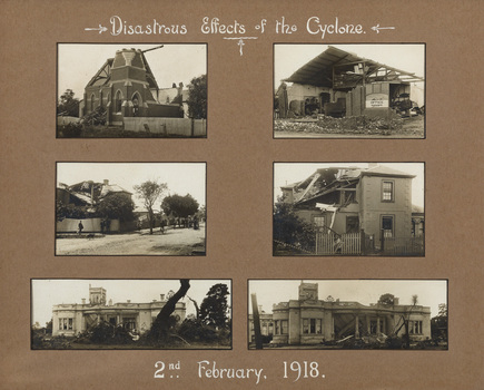 Compilation of six sepia photographs of buildings that have been damaged by the effects of a cyclone, dated 2nd February 1918
