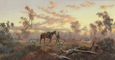 Landscape with clouds, gum trees and fallen tree trunks in foreground with a figure depicting a man holding the reins of a horse accompanied by two grey coloured dogs walking towards a house in the distance.