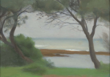 Seaside landscape painting with two trees, grass and rocks.