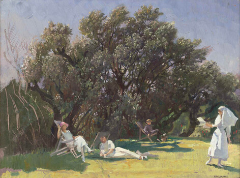 Sunny garden with rock left of painting, a seated child and large trees in the background. There is a seated woman with a pink hat and a man lounging on grass. A nurse is holding papers and appears to be leaving the scene.