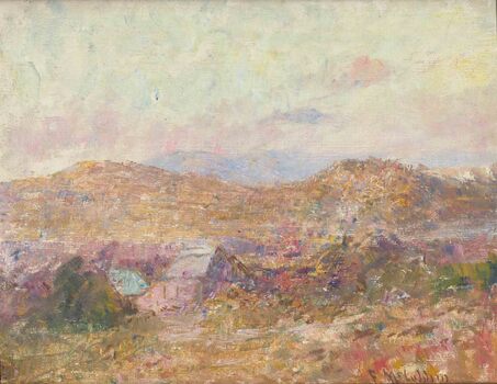 Landscape with house and trees. Golden hills in the centre, light blue hills in the background and clouds in sky.