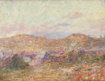 Landscape with house and trees. Golden hills in the centre, light blue hills in the background and clouds in sky.