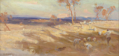 Rural landscape with sheep and figure depicting a male and sparce trees. Distant blue hills and clouds in sky.