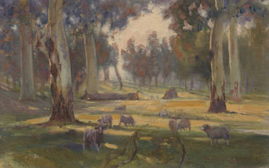 Rural landscape with dappled sunlight. Sheep grazing amongst large trees.