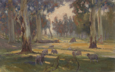 Rural landscape with dappled sunlight. Sheep grazing amongst large trees.