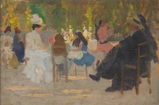Garden scene with figures sitting on chairs in dappled sunlight.