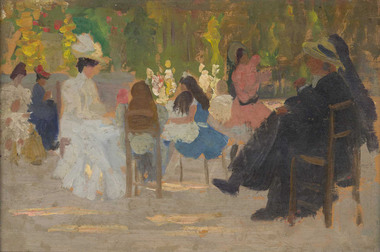 Garden scene with figures sitting on chairs in dappled sunlight.