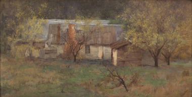 Rural landscape with rustic house in top half of image surrounded by trees.