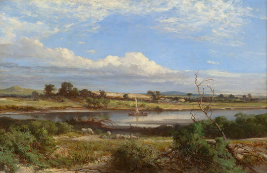 Landscape with blue sky, clouds, hills, and a sailing boat with figures on the river in the middle of image. There are sheep grazing in the foreground.