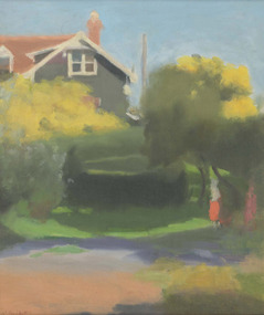 Soft edge painting of partial view of house and roof in urban landscape with figures and trees.