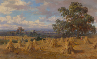 Rural landscape with haystacks  and chickens in foreground, a large tree and figures in midground. There are distant views of hills with dramatic clouds and blue sky.