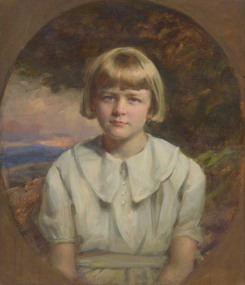 Portrait of child in blue dress in front of oval image of landscape with trees and hills.