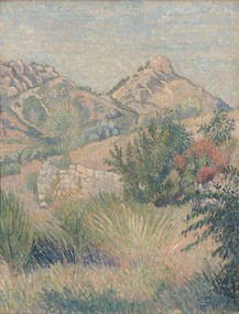Rocky landscape of muted colours with stone wall, shrubs and trees in foreground and mountains in background.