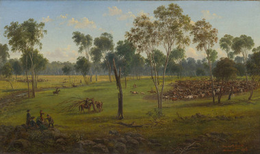 Rural landscape with green gum trees, grass, seated and standing figures on rocks in foreground, mobs of cattle and figures on horses mustering in midground and blue sky and clouds.