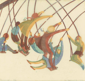 Figures depicting children on swings. The figures are in simplfied forms and there is a sense of movement from the strong vertical lines depicting swing ropes.